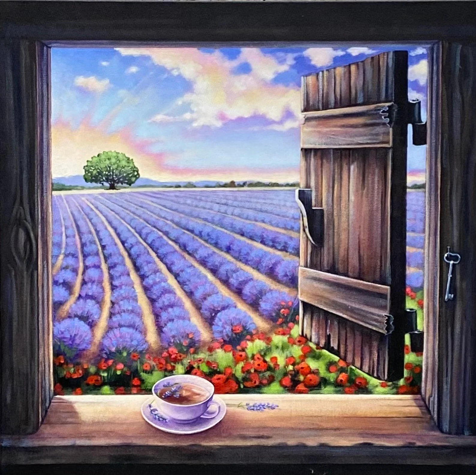 Thumbnail: Original Painting of Lavender Fields and Red Poppies