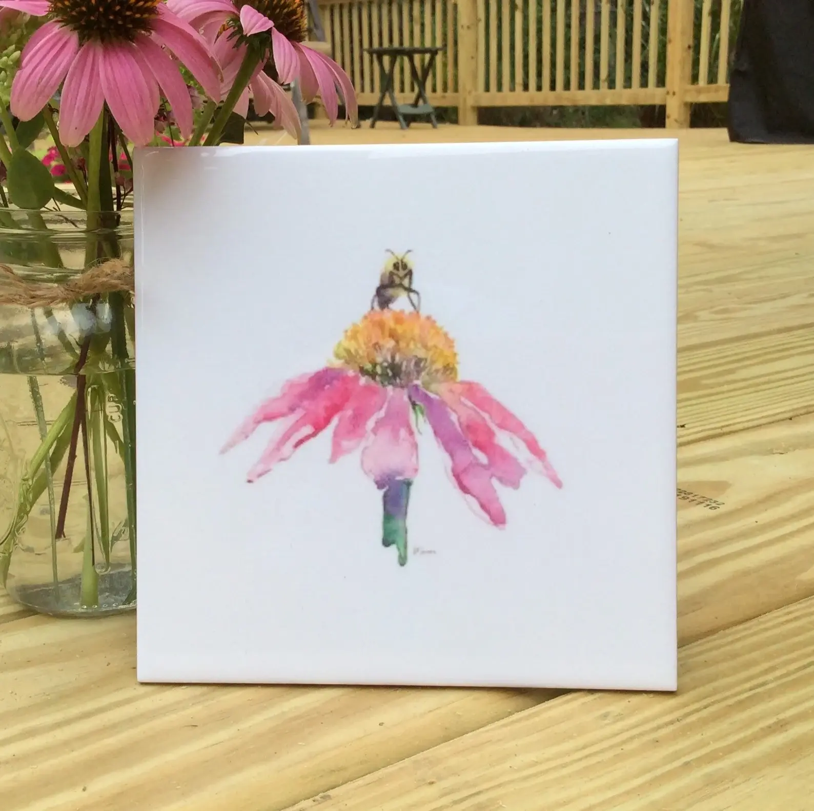 Purple Coneflower and Bumble Bee Ceramic Tile
