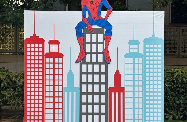 Spider-Man cityscape backdrop for birthday party in Bangalore