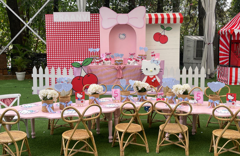 Wide view of Hello Kitty birthday decor setup in Bangalore