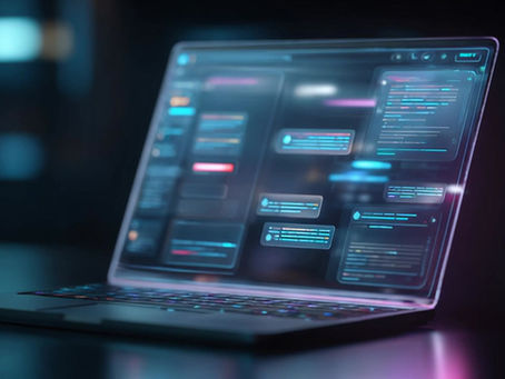 A futuristic laptop with multiple chat windows scrolling on the screen