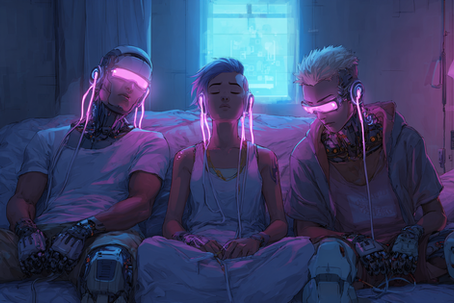 two male androids and one female android sitting in a cyberpunk bedroom with their eyes closed and glowing wires connecting them