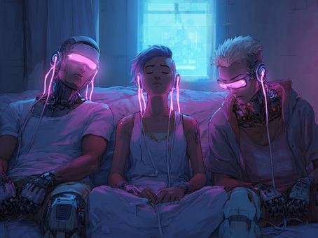 two male androids and one female android sitting in a cyberpunk bedroom with their eyes closed and glowing wires connecting them