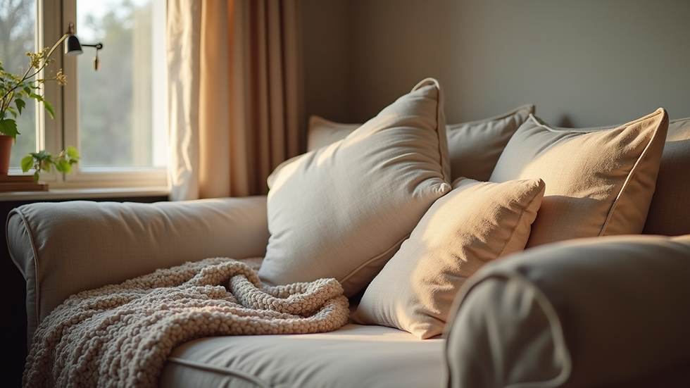 Close-up view of a cozy reading nook with soft pillows and a warm blanket
