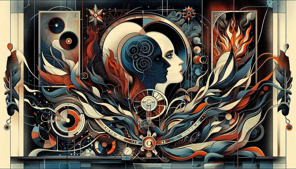 Ilustração conceitual em tons escuros representando uma relação emocional assimétrica. À frente, uma pessoa aparece confusa e fragilizada, com expressão de dúvida e exaustão emocional, enquanto ao fundo outra figura surge de forma fria e distante, simbolizando controle, indiferença e uso instrumental do vínculo. A imagem remete ao funcionamento relacional associado à Dark Triad personality — narcisismo patológico, manipulação e ausência de empatia — e aos efeitos psíquicos profundos em quem se envolve: perda de critério interno, sofrimento emocional e sensação de ter sido usado em uma relação amorosa destrutiva.