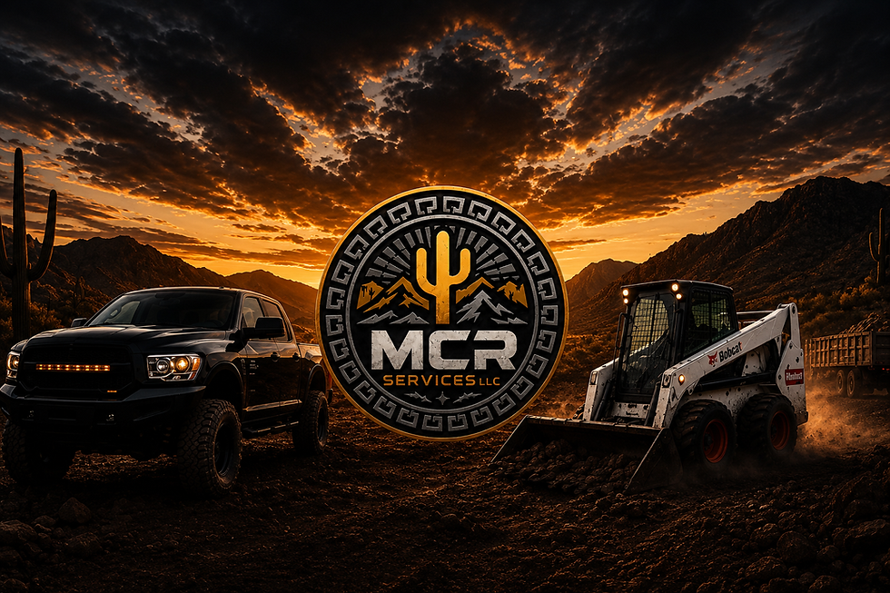 Wide landscape desert sunset with dramatic clouds, central circular MCR Services LLC logo, black truck on left, white skid steer on right, dark foreground soil, strong orange and gold lighting.
