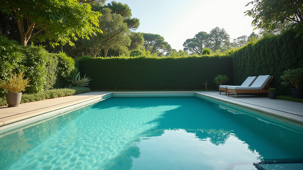 Wide angle view of a well-maintained swimming pool surrounded by lush greenery