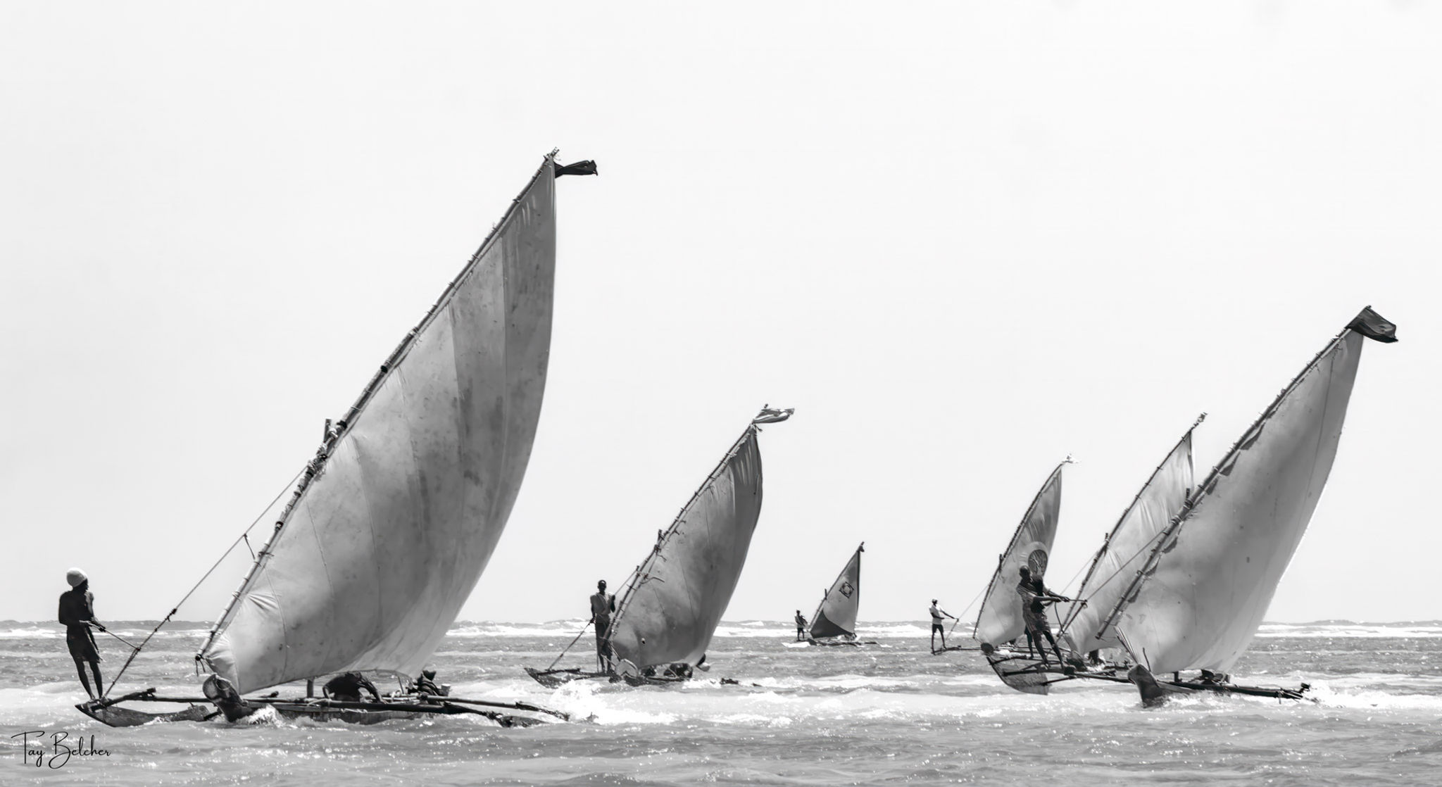 Black and white photo of dhow race at Diani Beach Kenya
