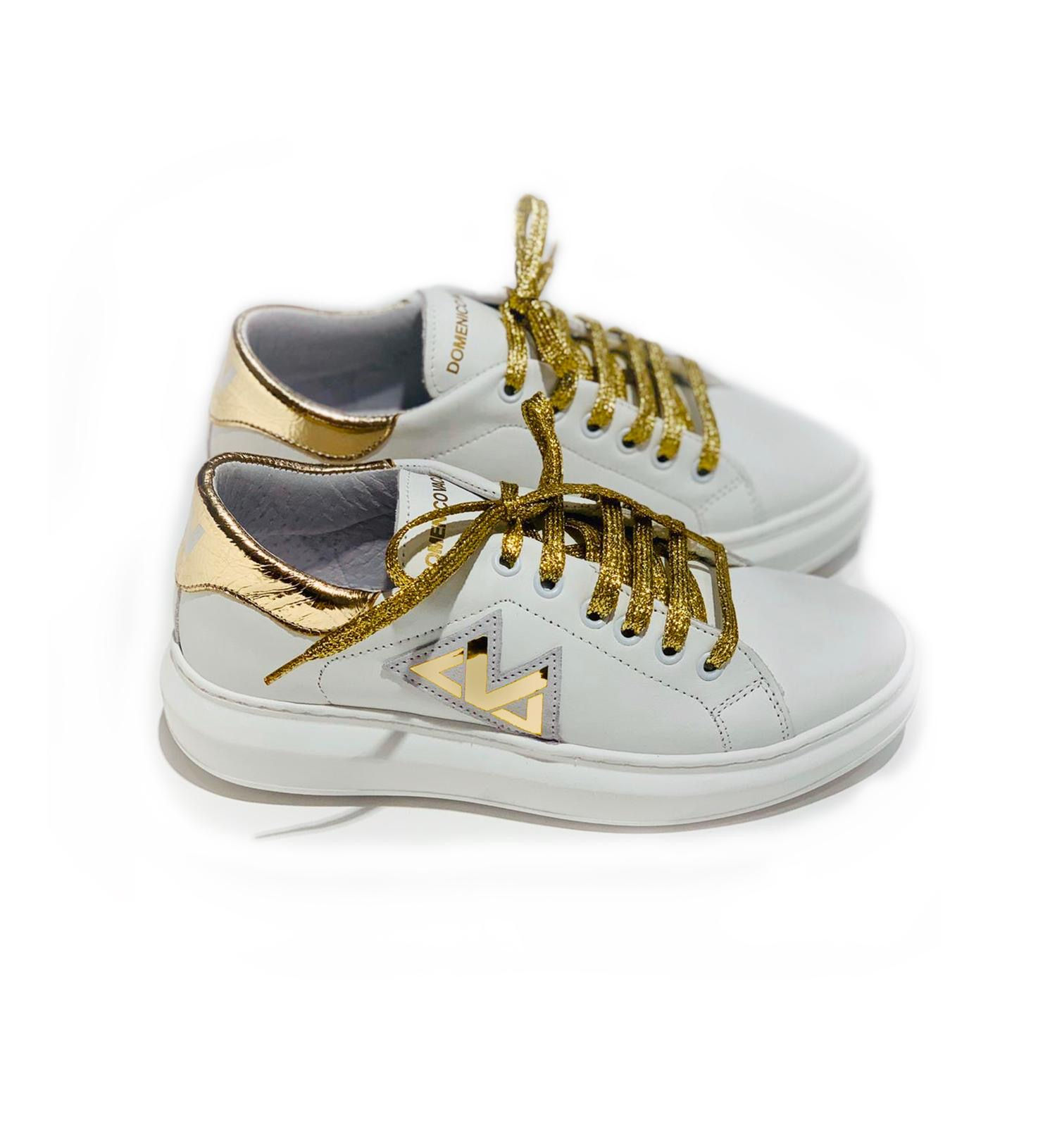 Sneakers 100% Leather Made in Italy white and gold with gold laces