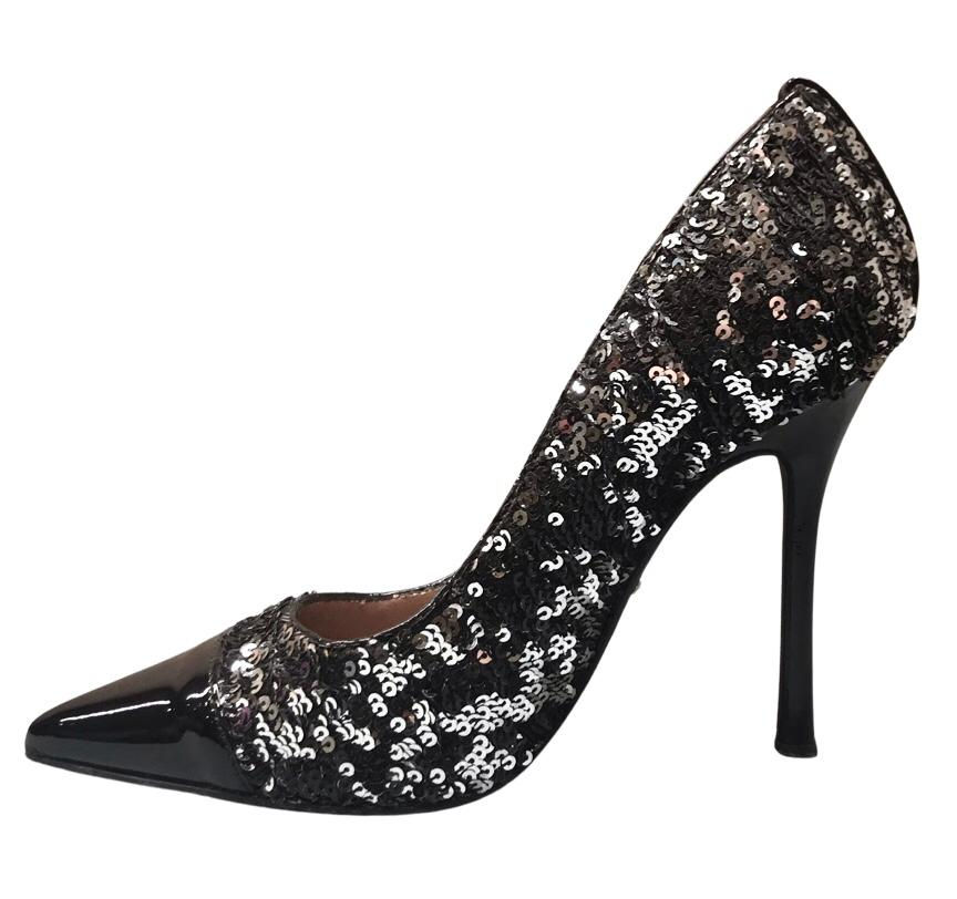 Miniatura: Décolleté con paillettes - Pelle - Nero - 100% Made In Italy