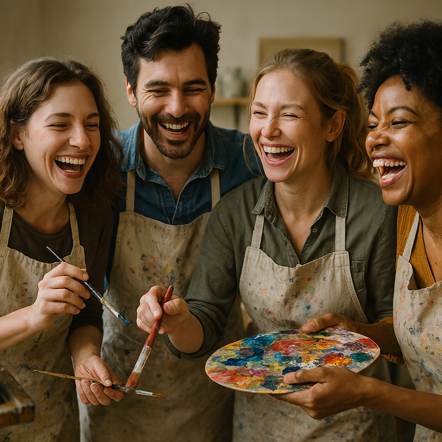 4 mensen met 1 schilderspalet die glimlachen