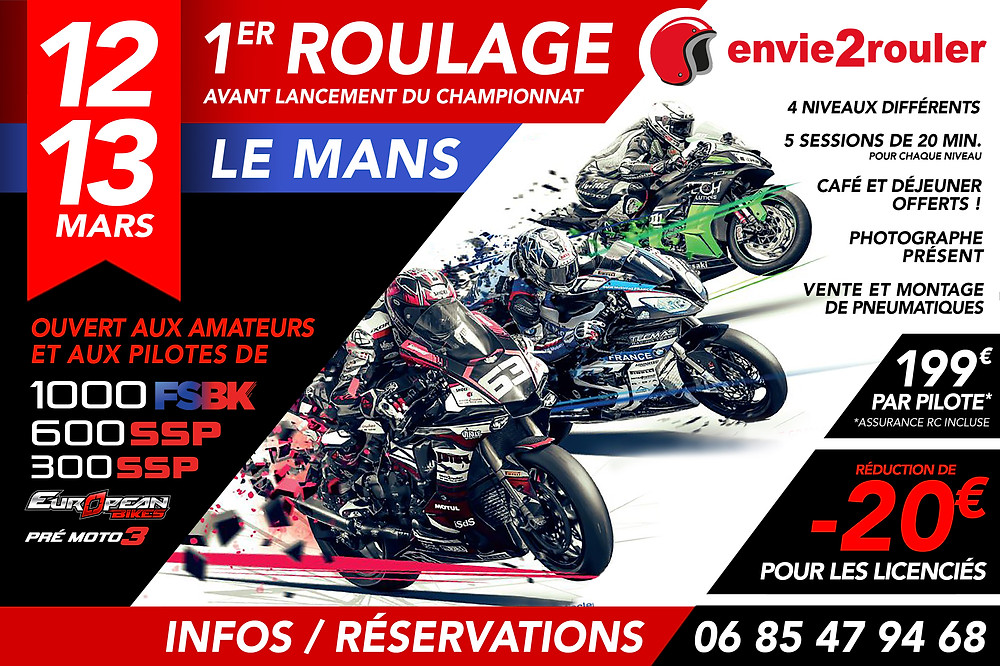 Flyer Track Day envie2rouler Le Mans 12 et 13 Mars 2020 red and black motorcycle