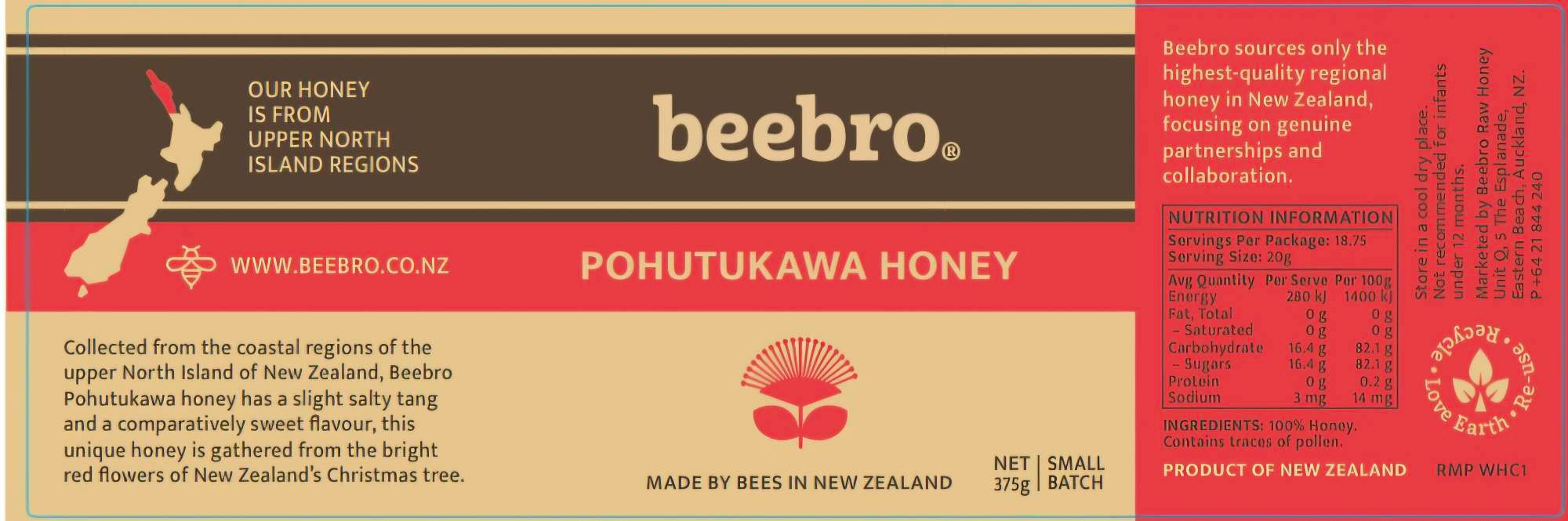 Beebro Pohutukawa Honey 500g plastic or 375g glass