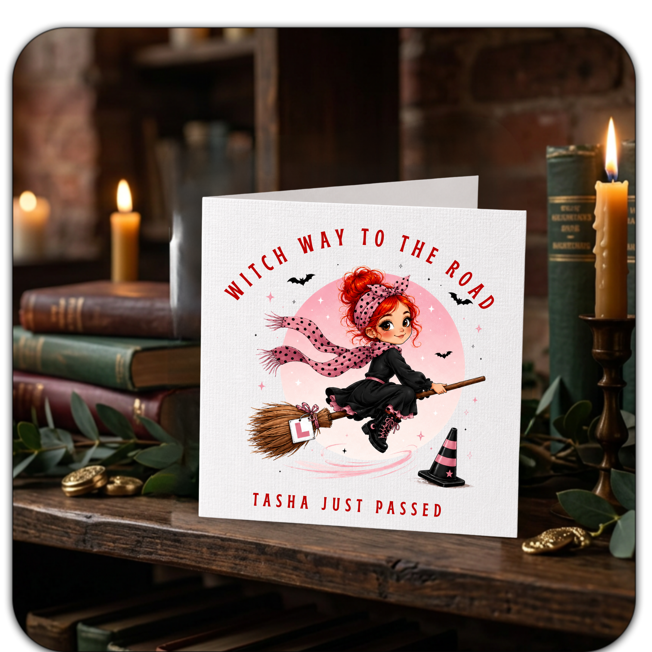 Personalised Witch Passed Driving Test Card – Choice of Hair Colour