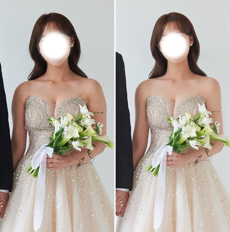 사설보정업체 같이사진의 실제 보정 작업물 화사해진 피부톤과 왜곡없이 자연스러운 팔뚝보정