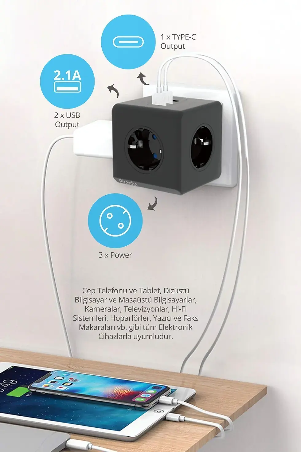  Akım Korumalı 3'lü Priz / 2 X USB - 1 X Type-C