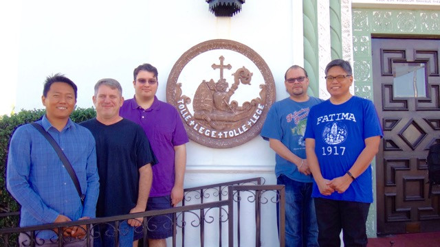 The five discerners stop for a group picture in front of St. Patricks Parish, San Diego