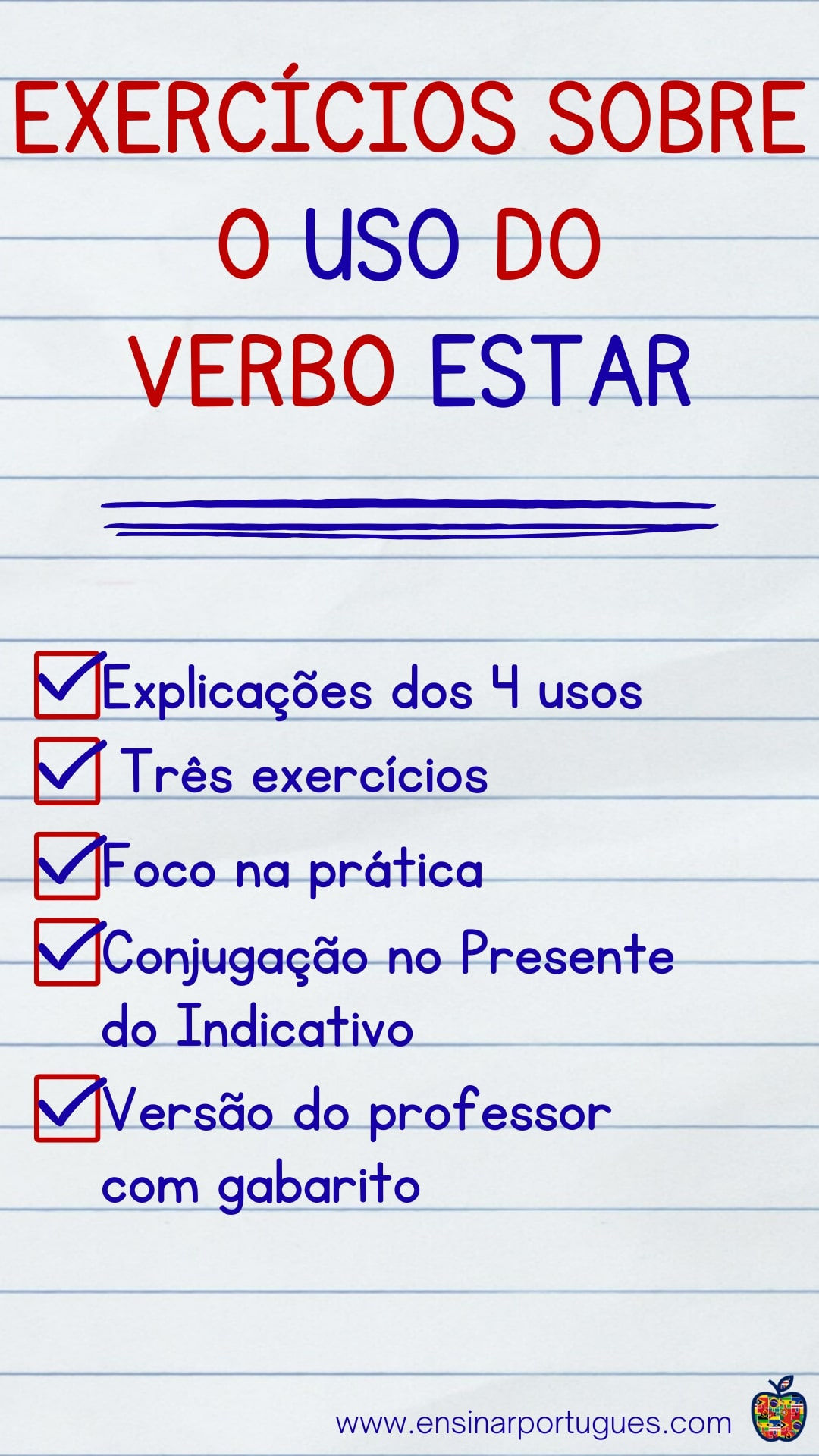 Capa dos Exercícios com o verbo estar em português com gabarito
