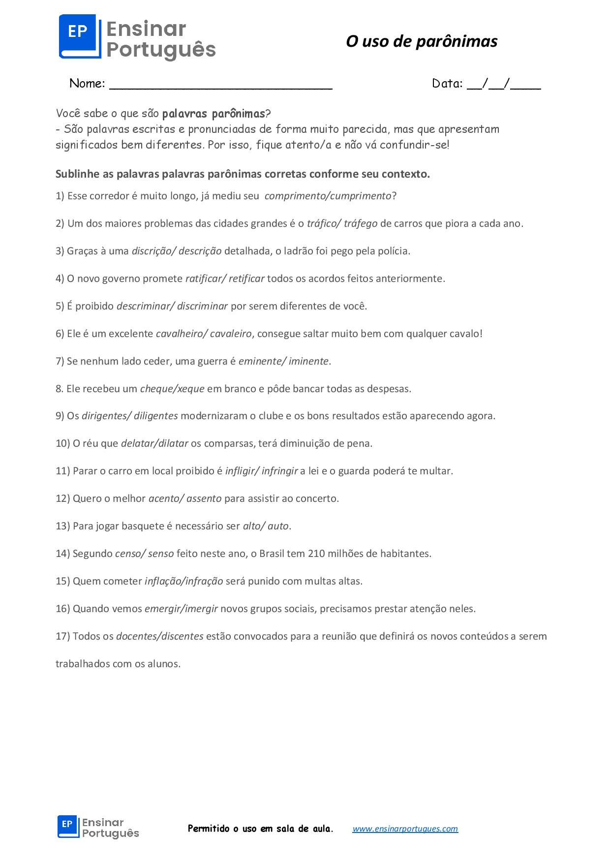 Atividade sobre parônimas para professores