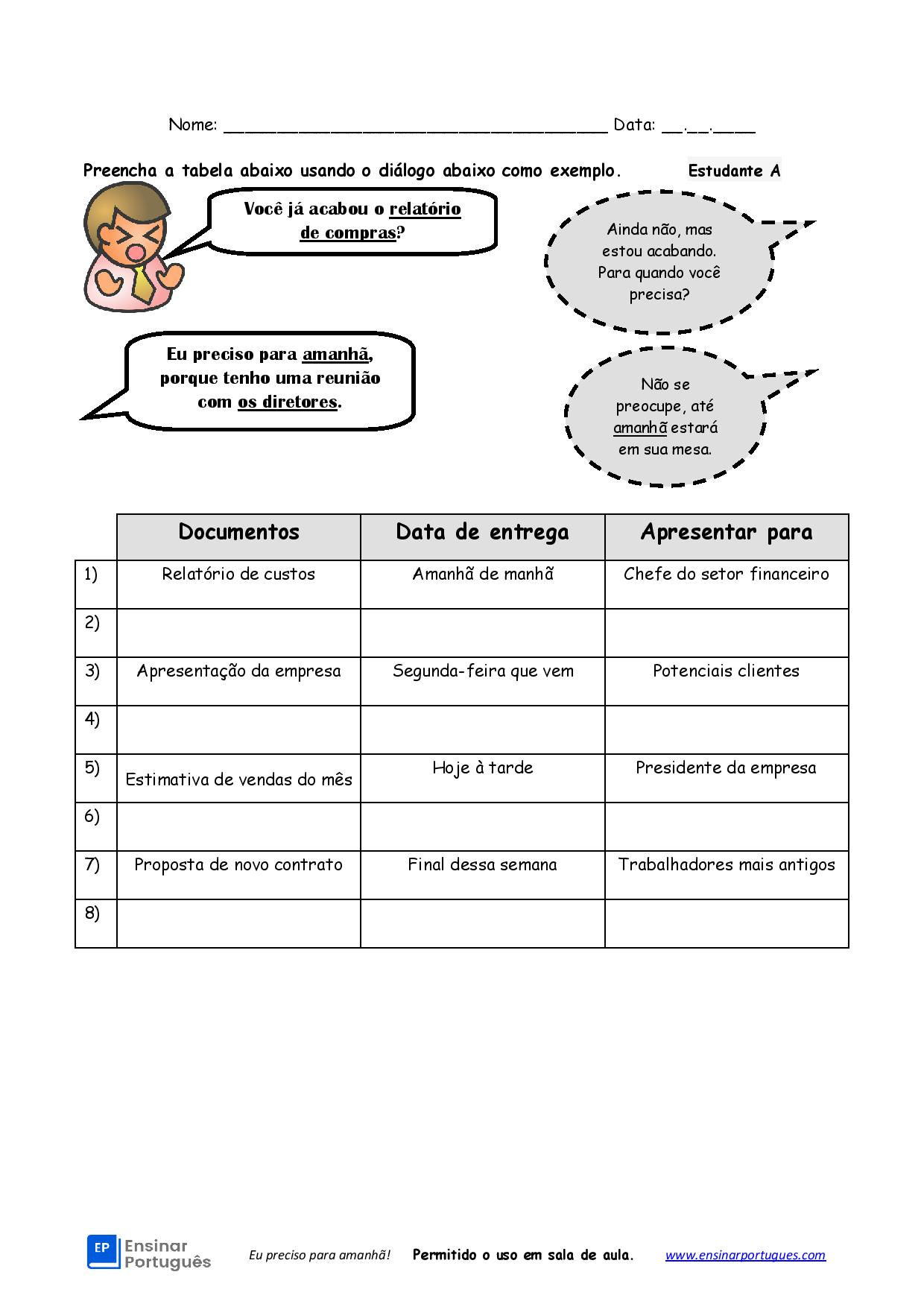 Atividade de leitura em dupla do diálogo para negócios