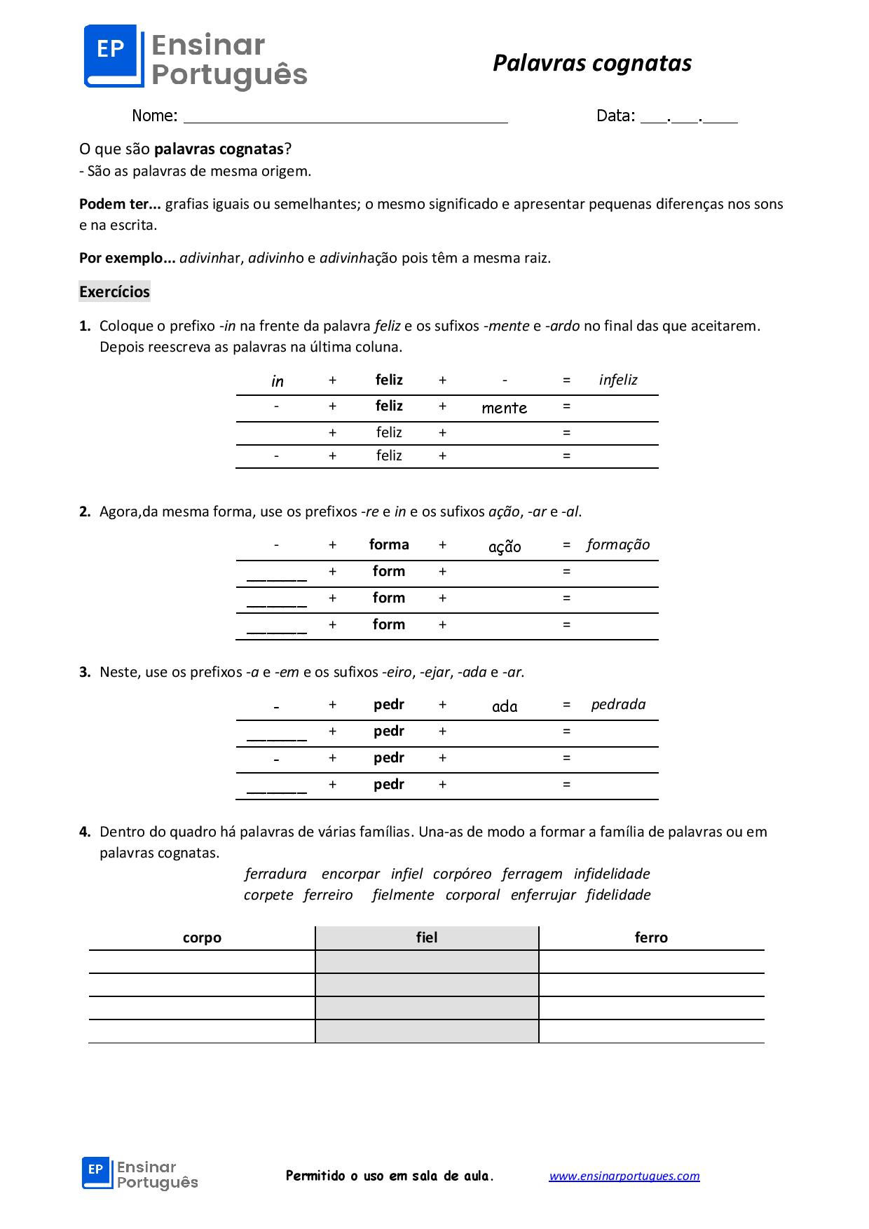 5 exercícios de palavras cognatas