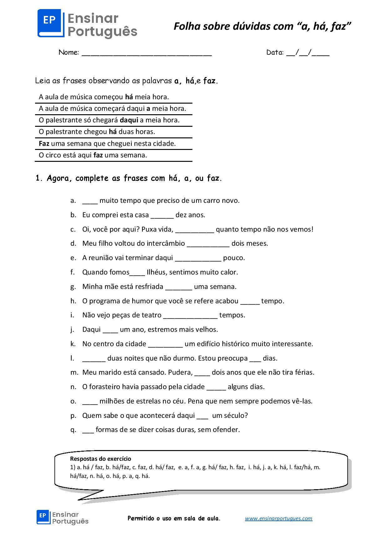 PDF com explicações sobre 'a', 'há' e 'faz' em português
