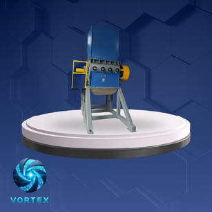 Trituradora industrial azul y amarillo sobre pedestal, rhekronplastics.