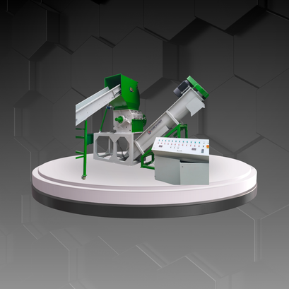 Sistema completo de lavado y reciclaje de plástico con componentes verdes y grises. Línea de equipos para procesamiento de plásticos reciclados.