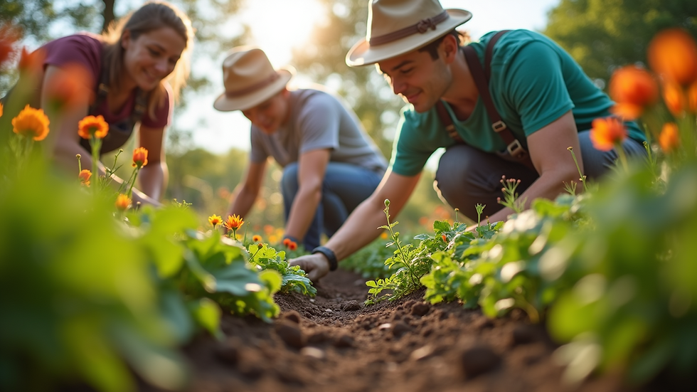 Eye-level view of a community garden with volunteers planting flowers
