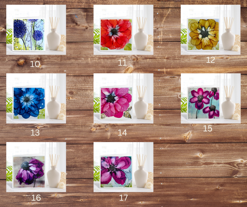 Thumbnail: Floral art prints displayed on shelves with vases against a wooden background