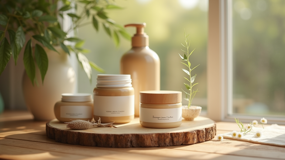 Close-up view of natural skincare products arranged on a wooden surface