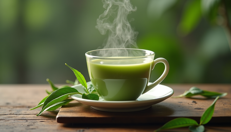 High angle view of a cup of green tea with fresh leaves