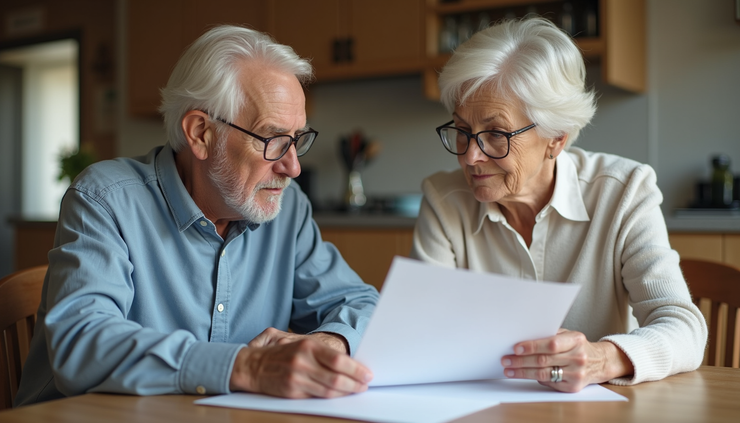 Eye-level view of a senior couple reviewing insurance documents at a kitchen table