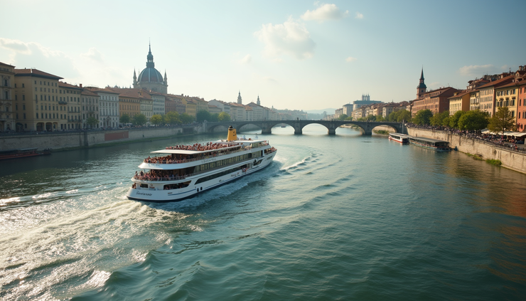 High angle view of a river cruise ship sailing through a European city with historic buildings