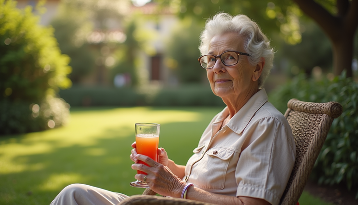 Eye-level view of an elderly woman sitting in a shaded garden with a cold drink