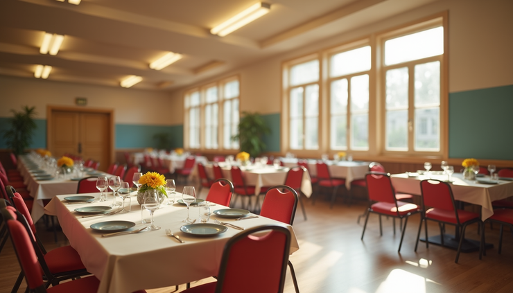 High angle view of a community center dining area set up for senior meals