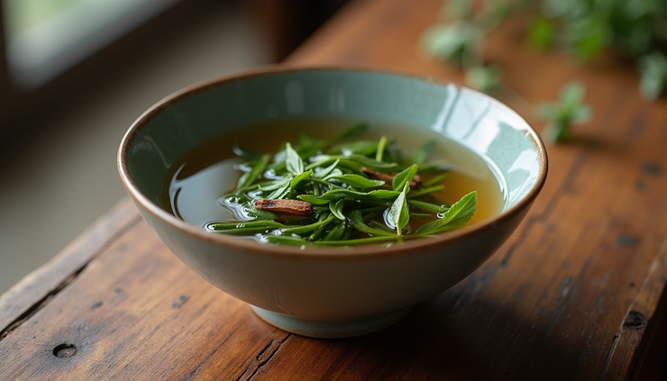 Close-up view of a bowl with traditional Chinese herbal tea and fresh herbs