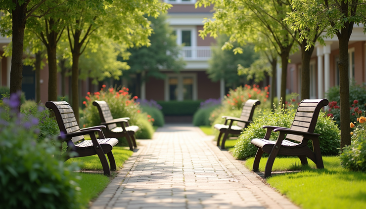 High angle view of a senior day care outdoor garden area with benches and walking paths