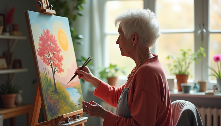 Eye-level view of a senior woman painting a colorful landscape on a canvas