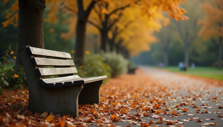 Eye-level view of a quiet garden bench surrounded by autumn leaves