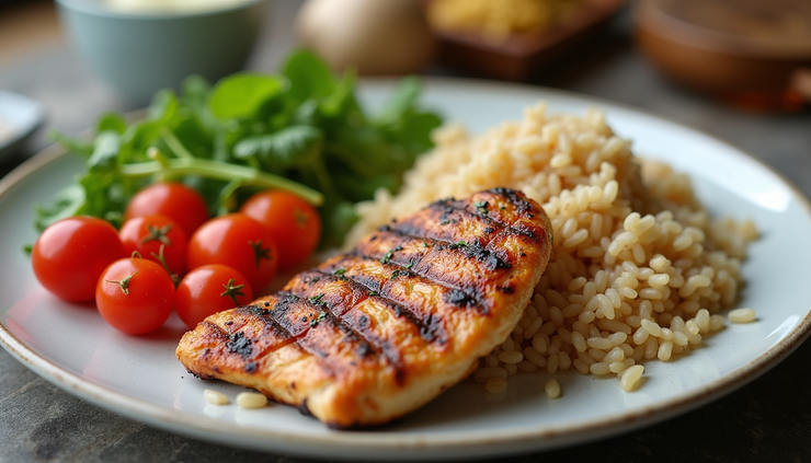 Close-up of a balanced meal with vegetables, lean protein, and whole grains