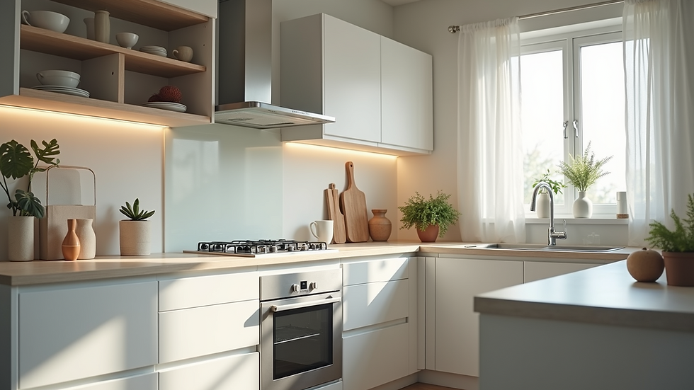 High angle view of a clean and well-staged kitchen with modern appliances