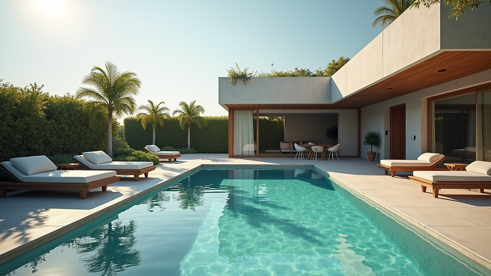 High angle view of luxury outdoor pool area with modern furniture