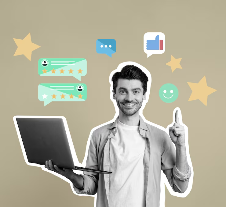 Smiling man with laptop points upward, surrounded by social media icons, chat bubbles, stars, and a thumbs-up on beige background.