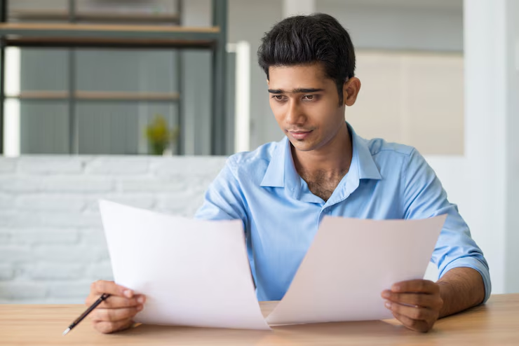 Young man in blue shirt at desk, analyzing two sheets of paper. Background features a light brick wall and shelves. Focused expression.