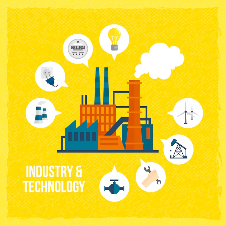 Factory illustration on yellow background with tech icons and speech bubbles. Text reads "Industry & Technology."