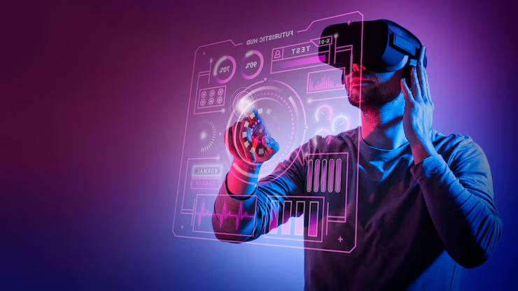 A person uses VR goggles and a controller, interacting with a futuristic virtual interface. Purple hues dominate the tech-themed setting.
