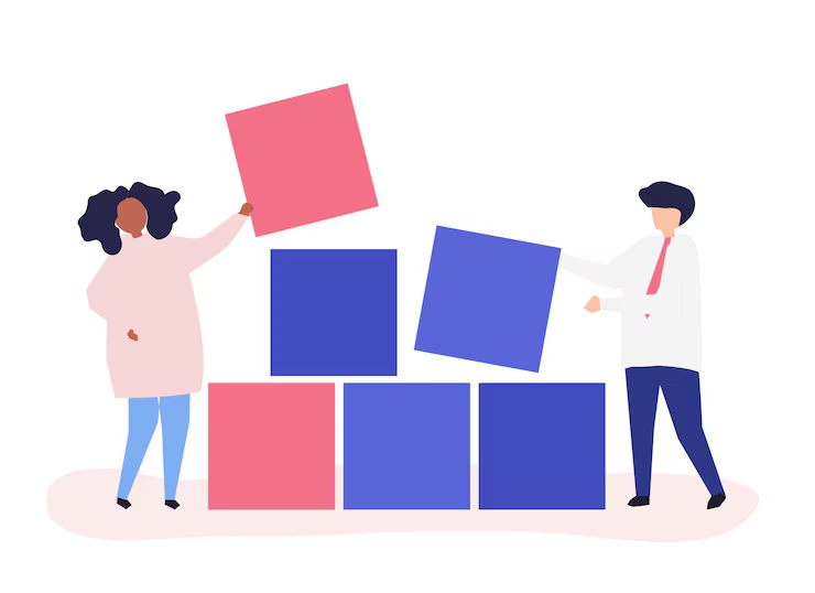 Two figures stack blue and pink blocks on a white background. The left figure lifts a pink block, while the right stabilizes the structure.