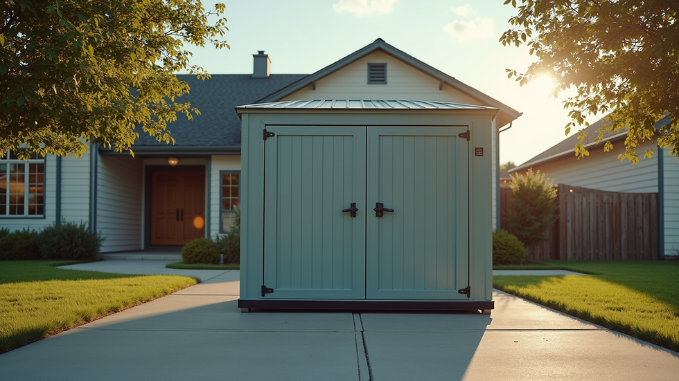 Eye-level view of a durable portable storage unit placed in a residential driveway