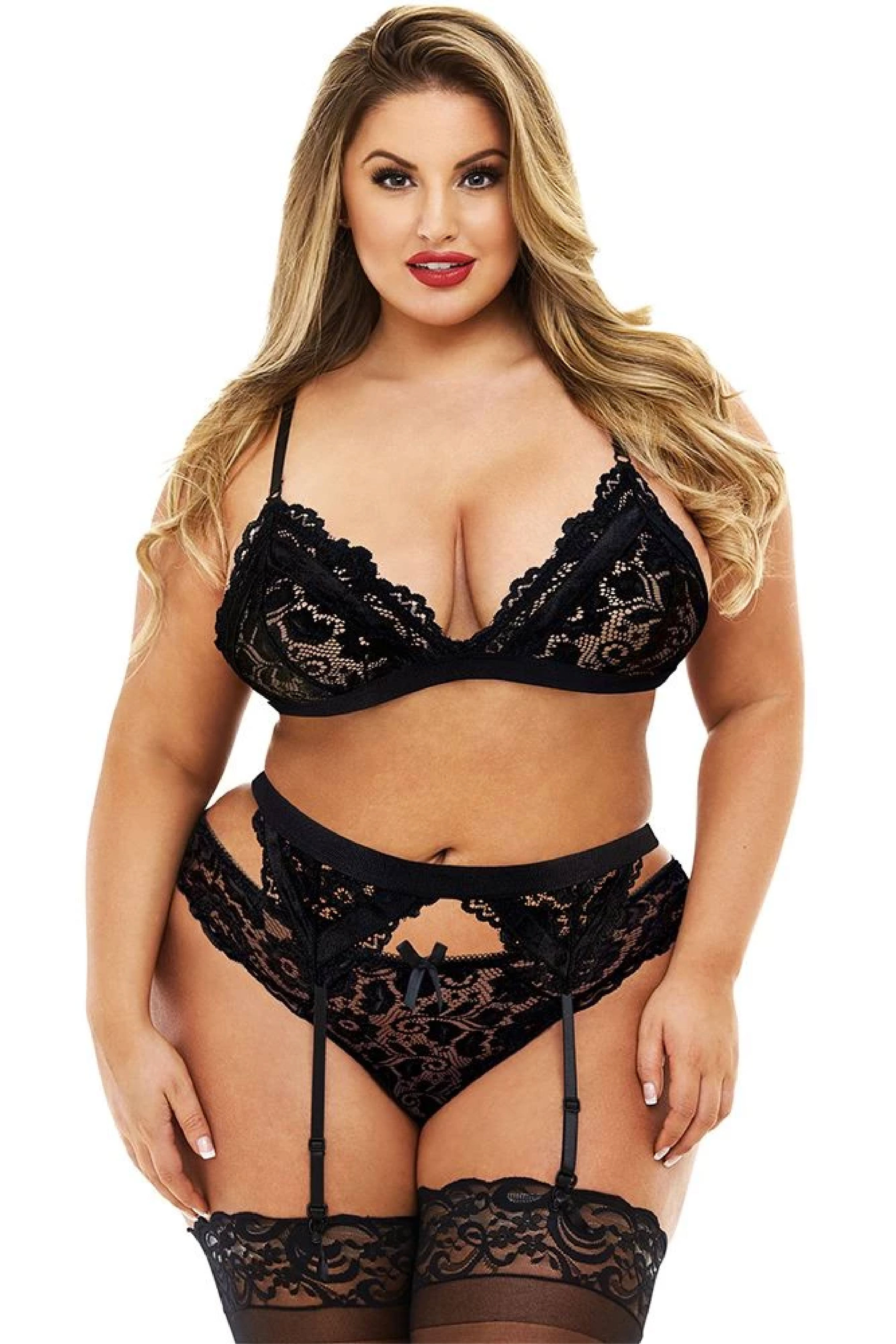 Hot Shot Black Lace Bralette, Garter & Panty